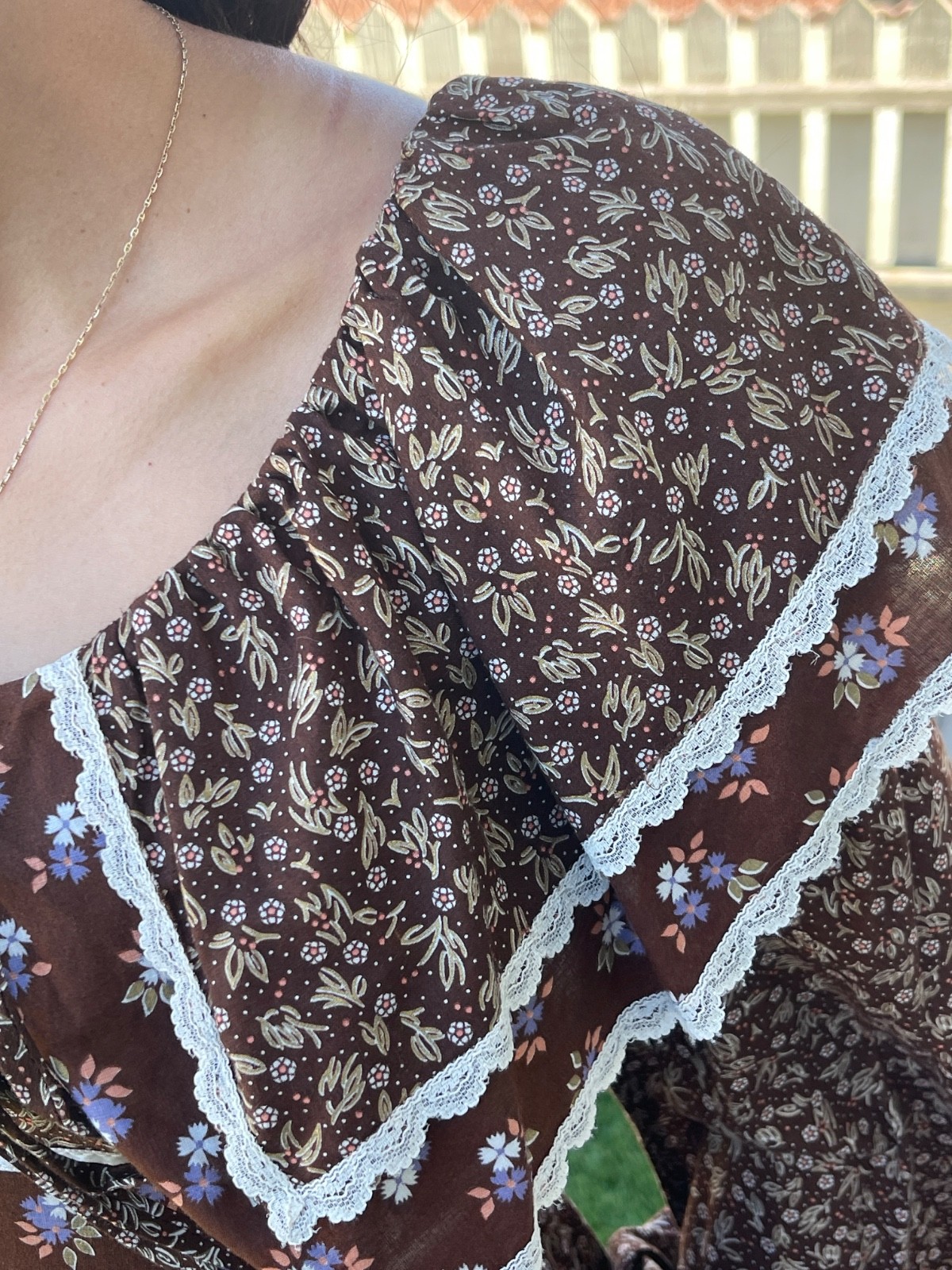 Vtg 1970s Gunne Sax Style Brown Calico Prairie Dress Ruffle Midi Small~Tag Cut