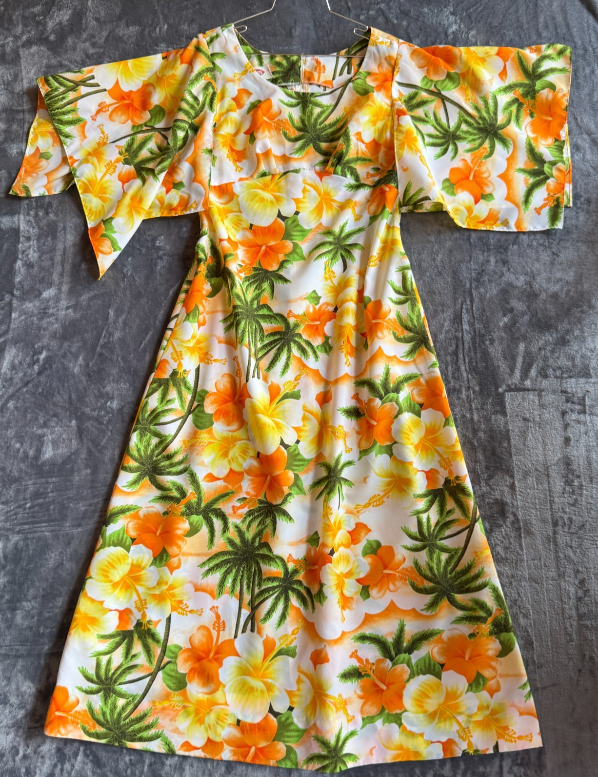 Vtg 70s Pomare Tahiti Hawaiian Floral Maxi Boho Dress Flutter Sleeves Size Small