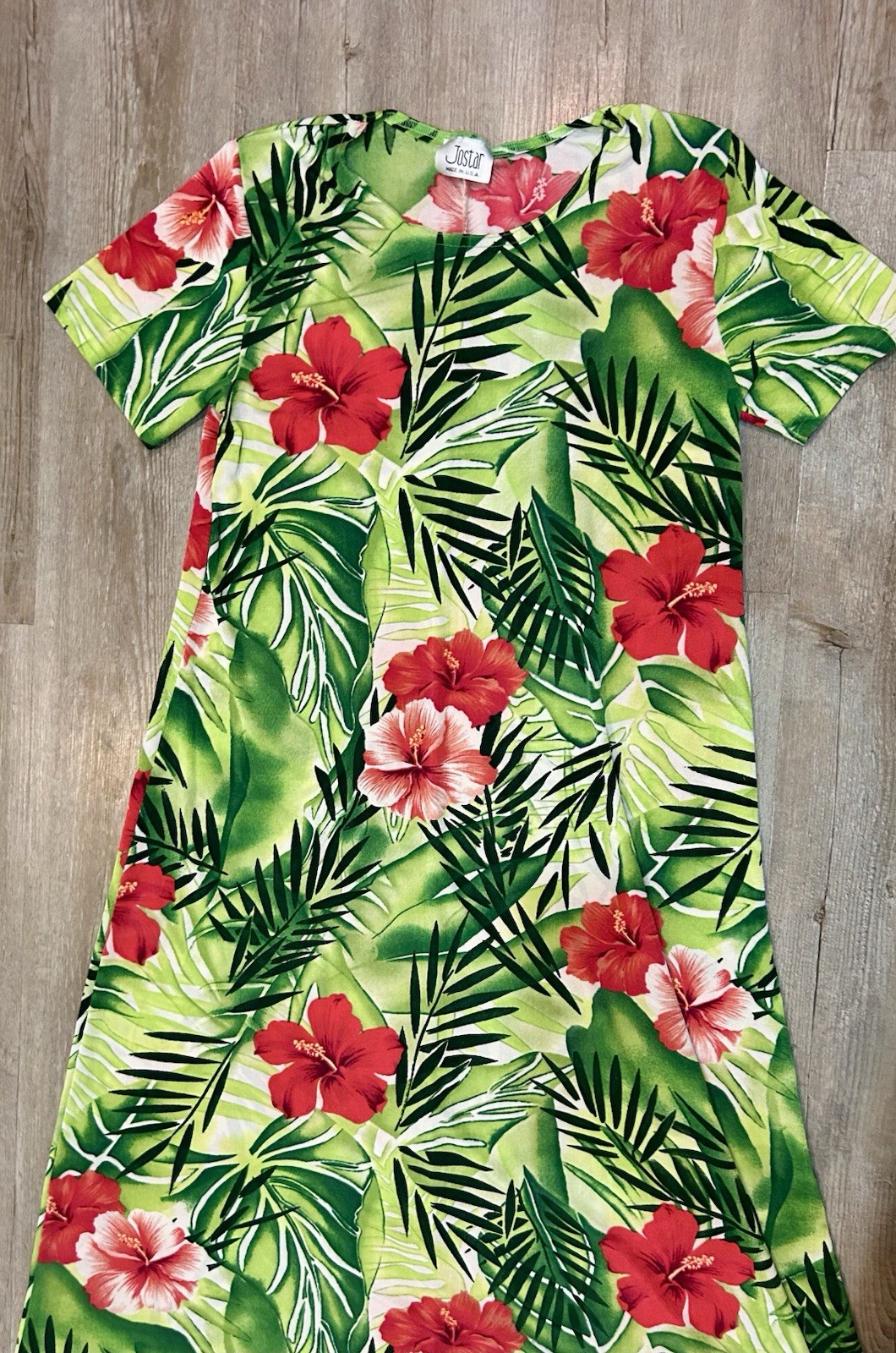 Vintage Jostar USA Tropical Print Travel Slinky Midi Dress Resortwear Paper Tag