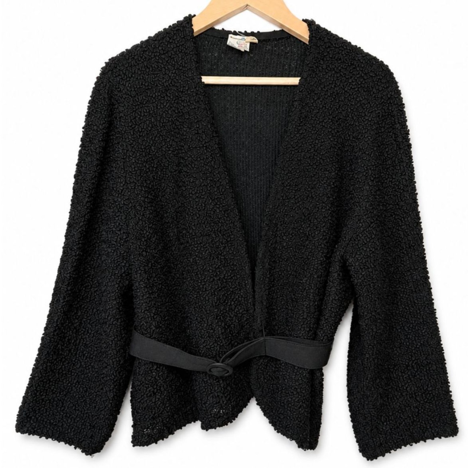 Vintage Black Popcorn Textured Belted Open Cardigan Jacket Made in USA Size 24½