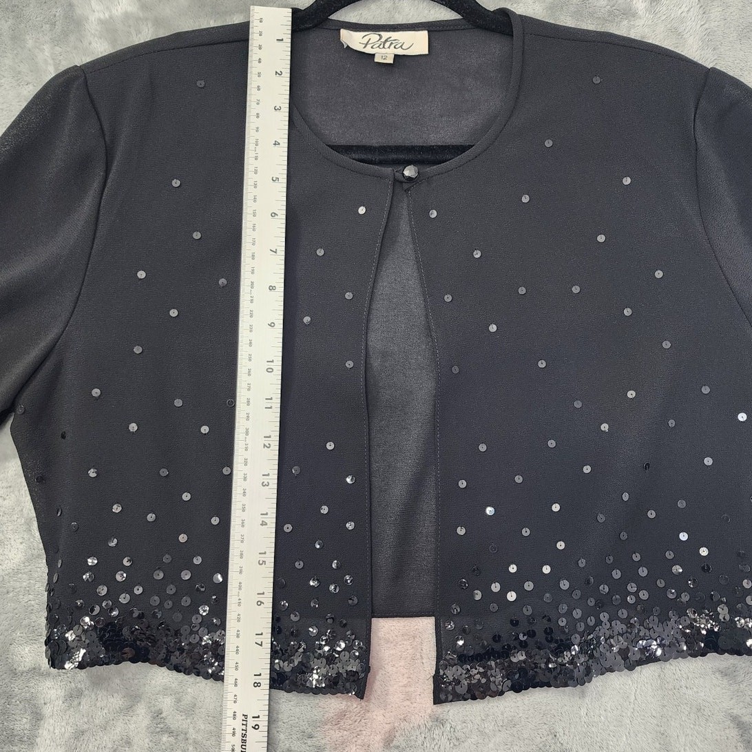 Vintage 90s Patra Chiffon Slip Dress Sheer Sequin Crop Jacket Set Size 12 Black