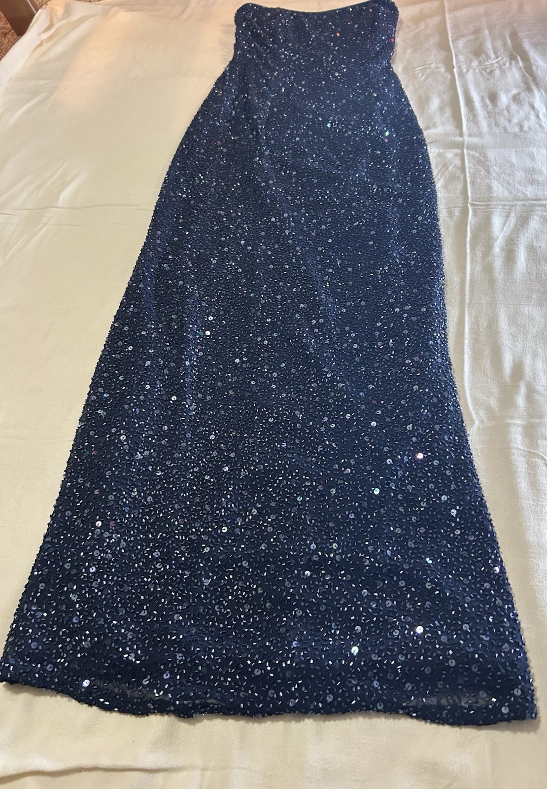 Vintage 90s Handbeaded Silk Maxi Gown Navy Strapless XS Panoply Goth Vampy