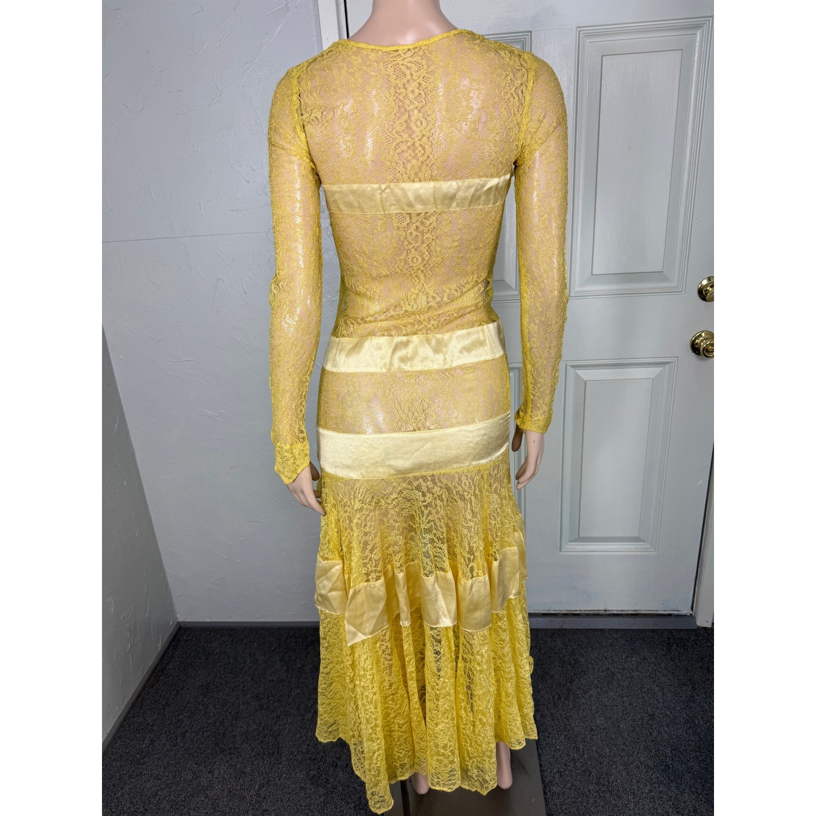 Vintage 1930s Silk Lace Dress Floral Sheer Maxi Long Sleeve Tiered Pullover N21