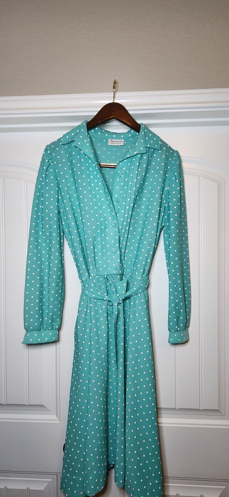 1970’s Vintage Sears „The Shirtdress” polka dot polyester pockets, tie belt 8-10