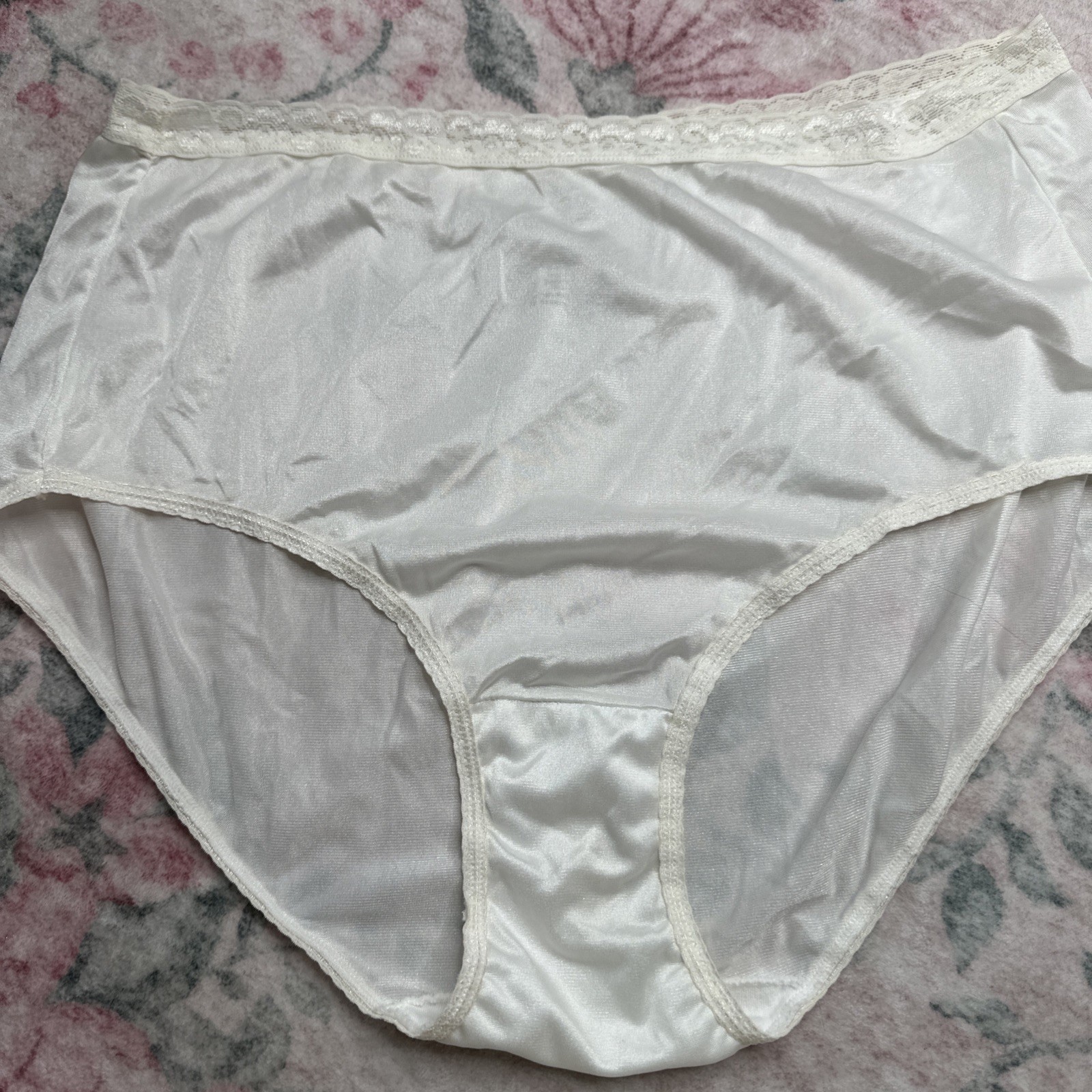 Vtg Panties Sheer Nylon Brief Granny JMS 10 3XL Ivory Off White Satin Lace Trim