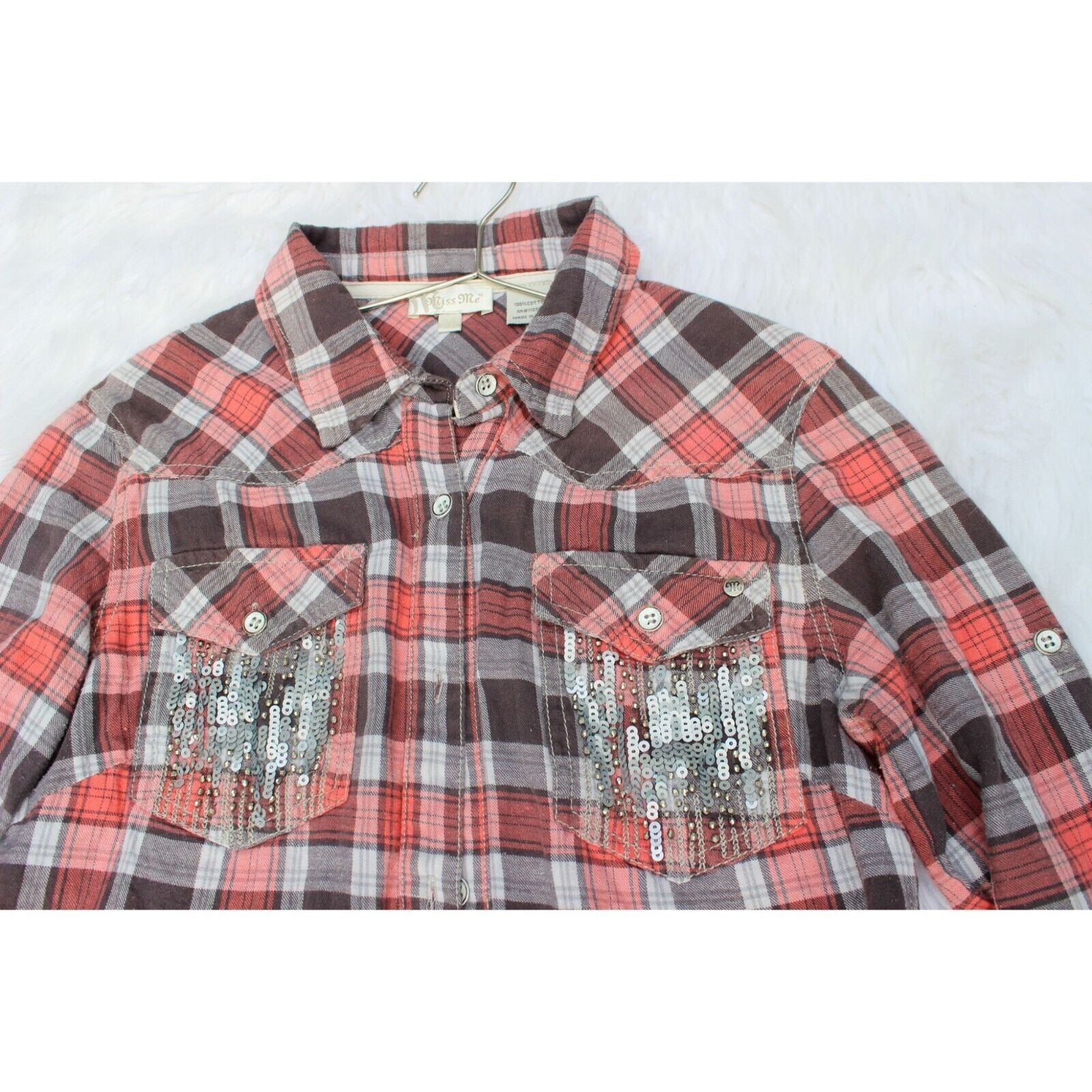 Y2K Vintage Miss Me Plaid Button-Down Shirt Dress W/ Sequin Pockets Size S
