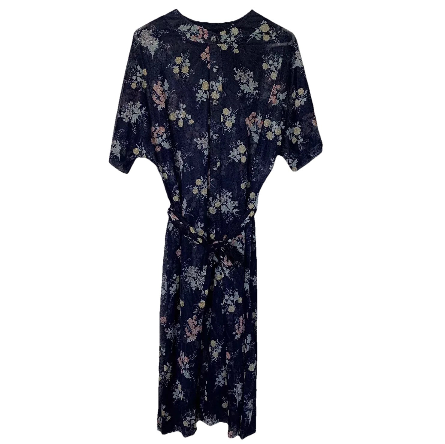 Vintage Tribute Robe Size 22 Blue Floral Sheer Button Short Sleeve House Dress