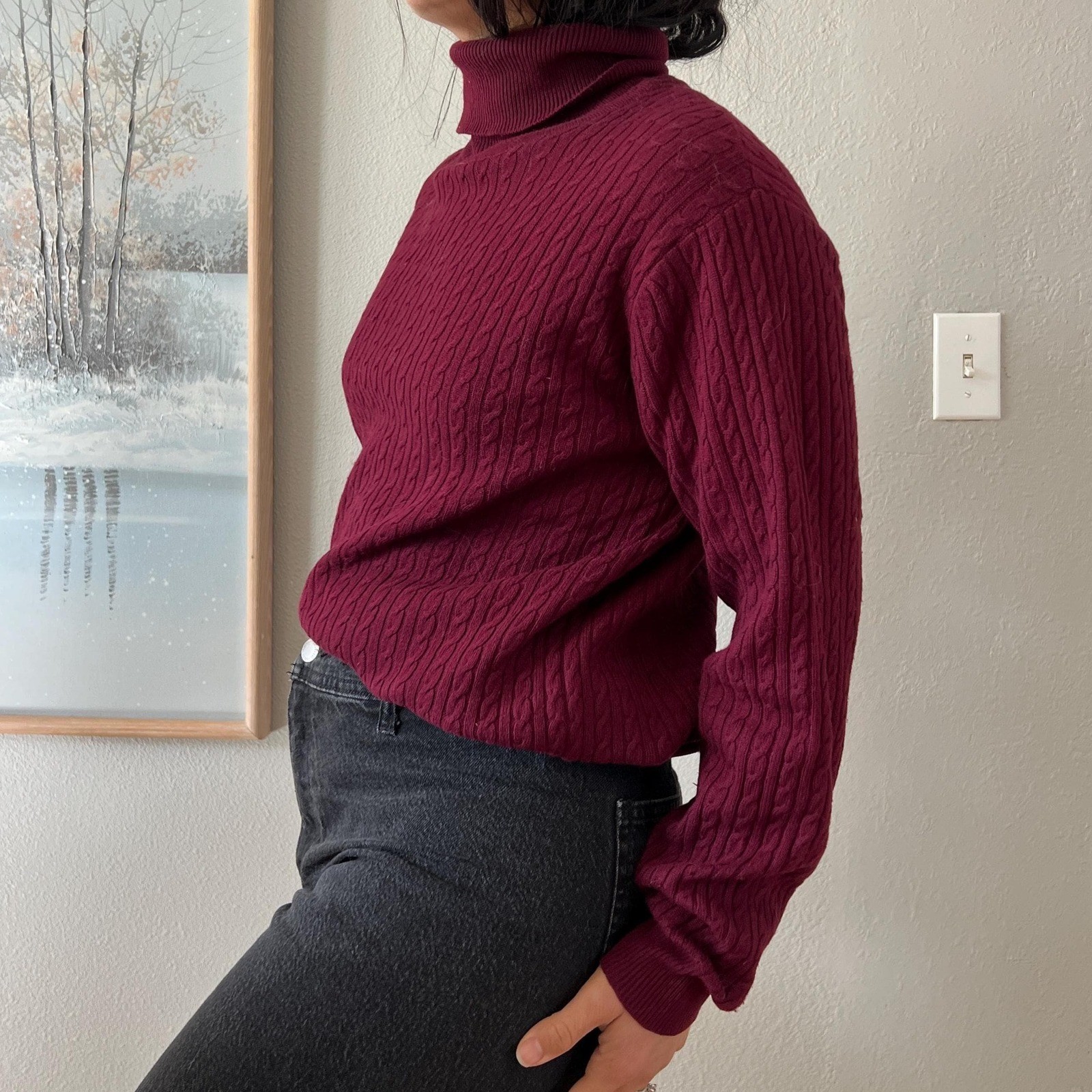 vintage 90s Silk Cashmere Turtleneck Sweater Burgundy Cable Knit Neiman Marcus