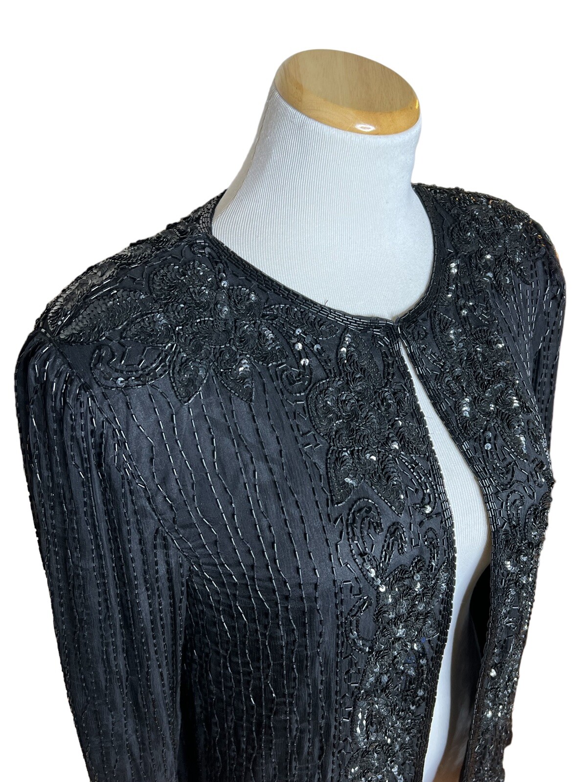 Vtg Swee Lo Sz L Black Silk Beaded Sequin Cocktail Jacket Sweelo Floral Cocktail