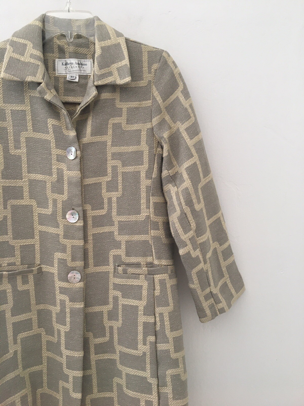 Vtg Kathryn Asahino Originals Coat XS Gray Beige Mid Mod Geometric Sparkle