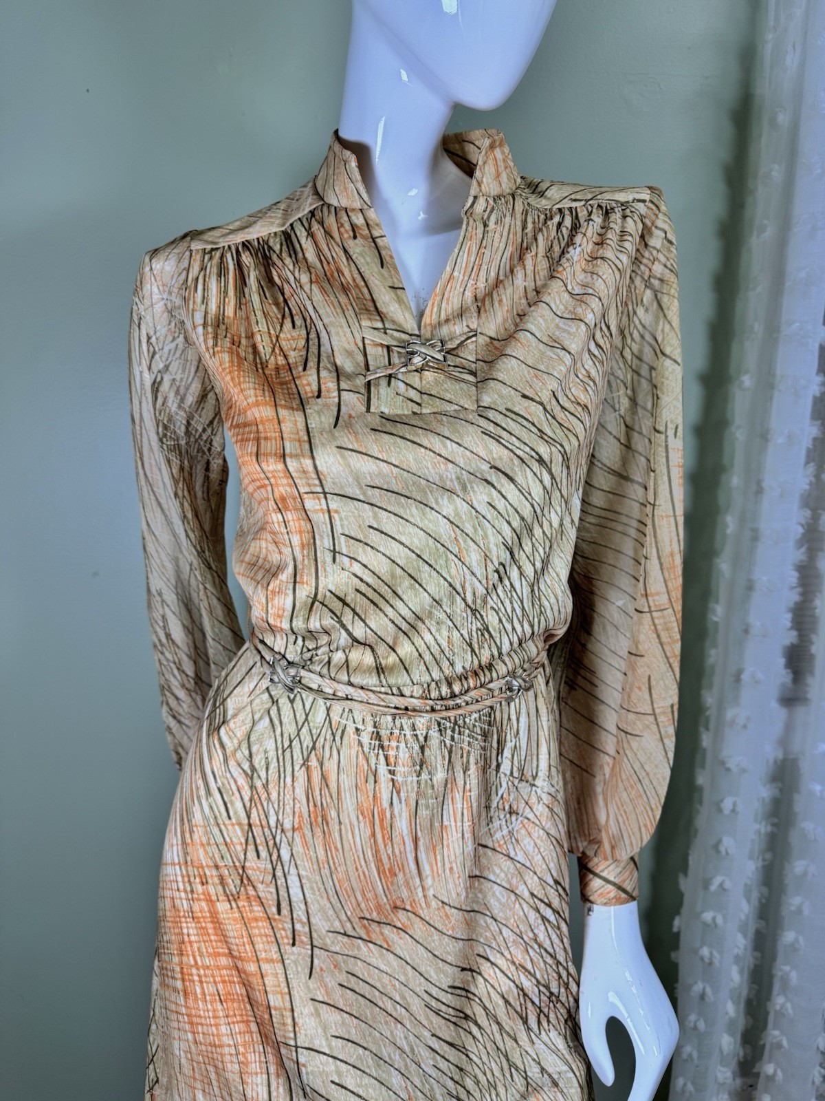 Vintage 1970s Abstract Print Tie Waist Dress | Long Sleeve Earth Tone Midi