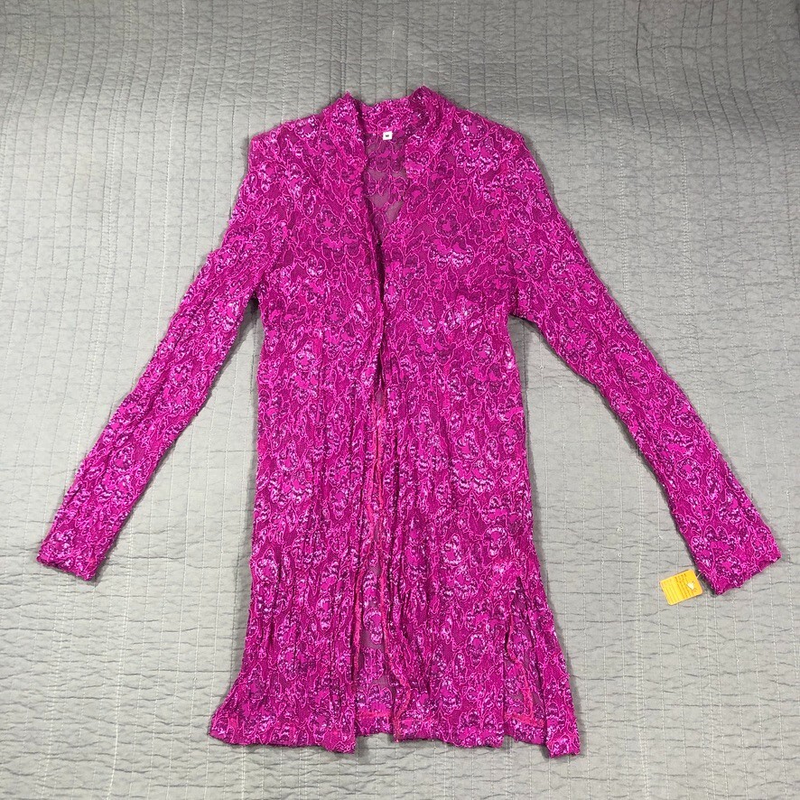 Vintage Y2K Jacket Women Medium Pink Glitter Sheer Lace Festival Kimono Boho NWT