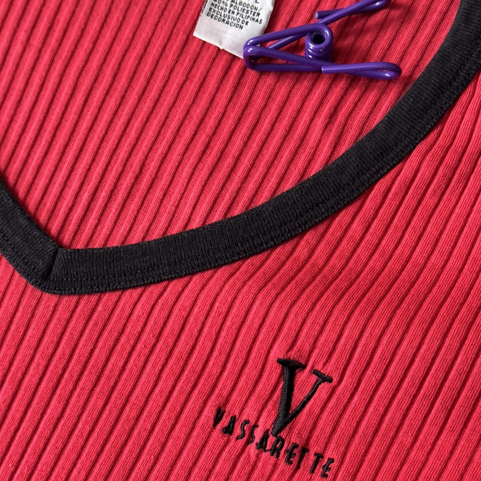 Vintage Vassarette Ribbed Baby Tee Red Black V Neck Logo Top Large 90s Y2K