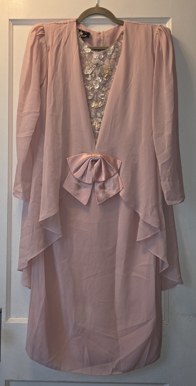 Vtg 80s Ursula of Switzerland Gown Pink Nude Chiffon Sequin. 10