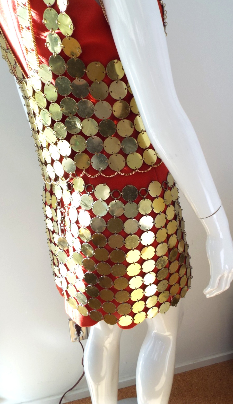 Vintage 1960s Gold Tone Metal Disc Chain Mail Vest Top & Skirt Dress Paillette