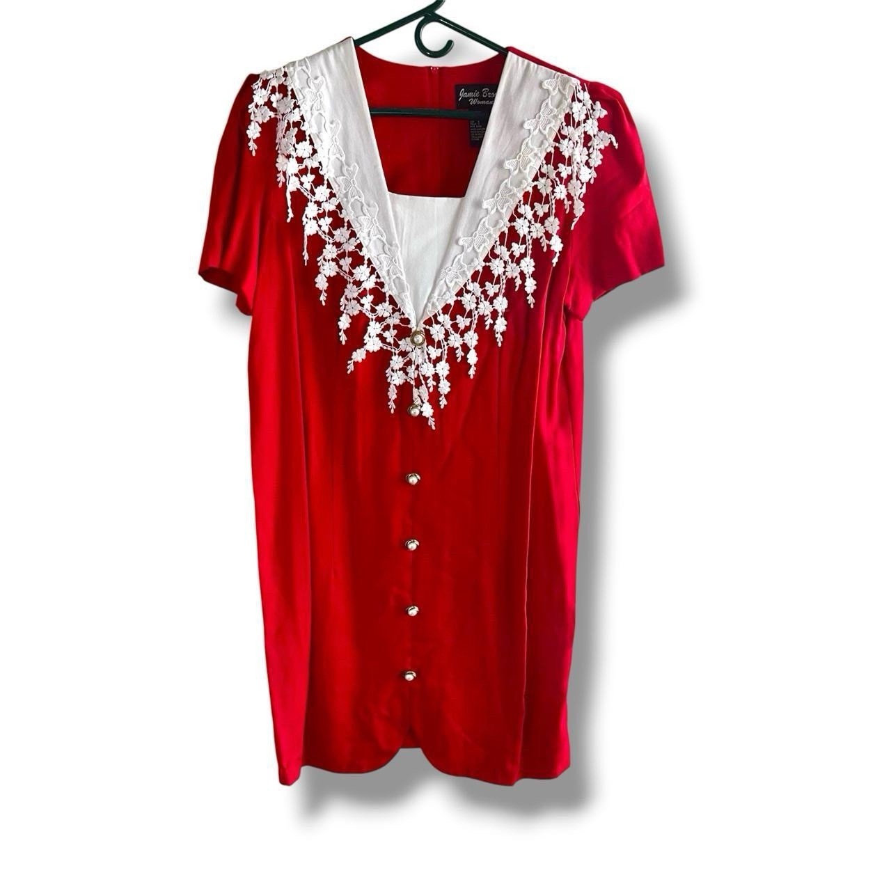 Vintage 90s Jamie Brooke Woman Red Statement Lace Collar Button Down Dress Sz 16