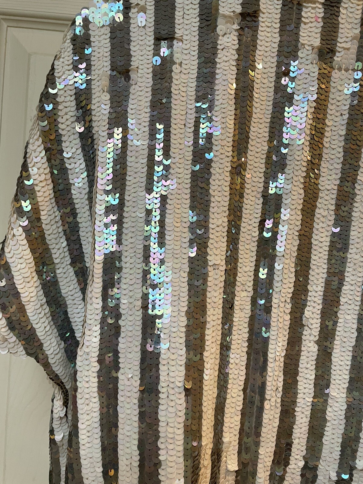 Vintage Sequin Jacket Shrug Silver White Blue Striped And Diamonds Deco Style