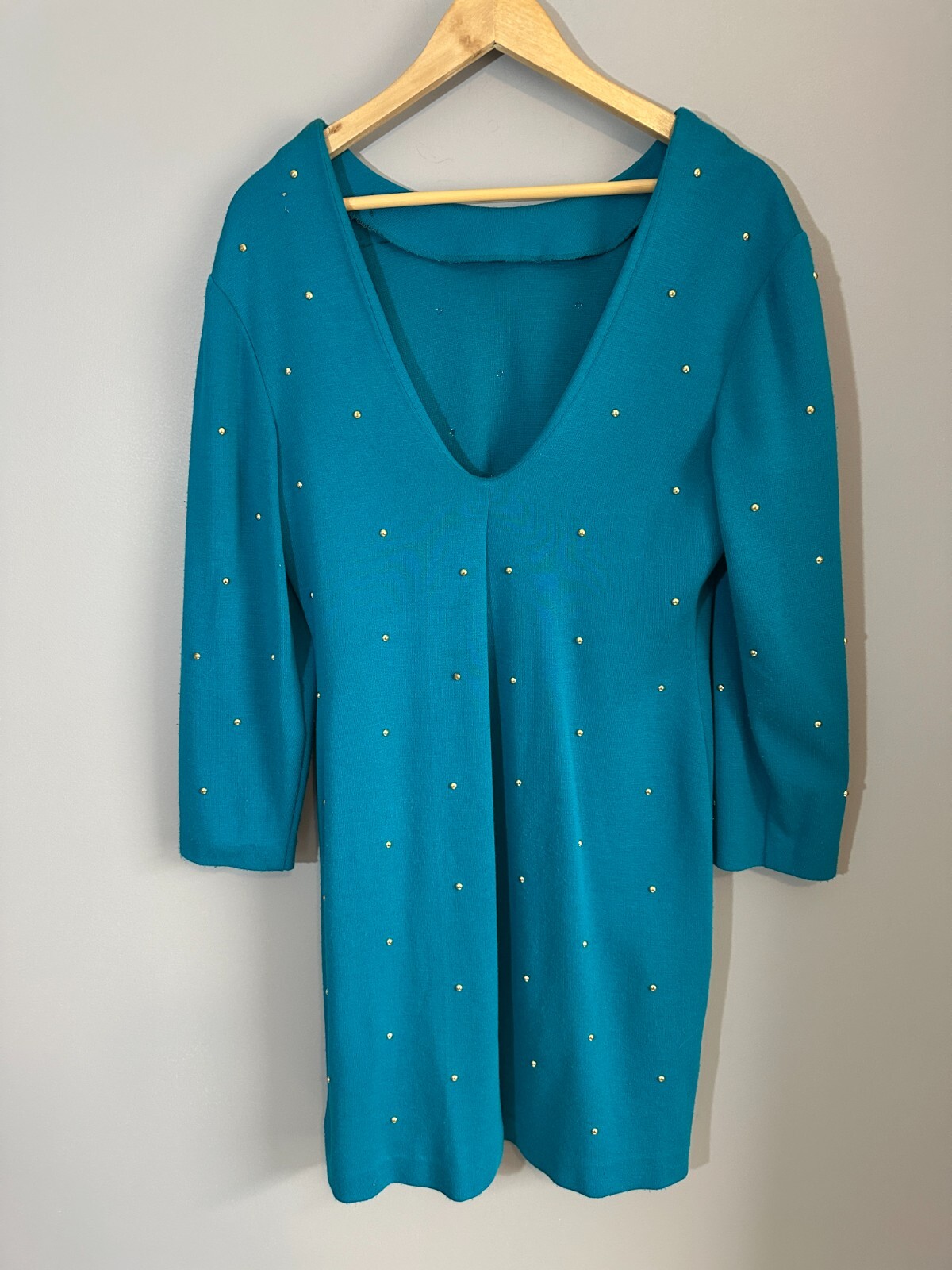 Vintage 80s Irresistible Sue Eng Sweater Dress Womens M/L Teal Knit Bead Scoop