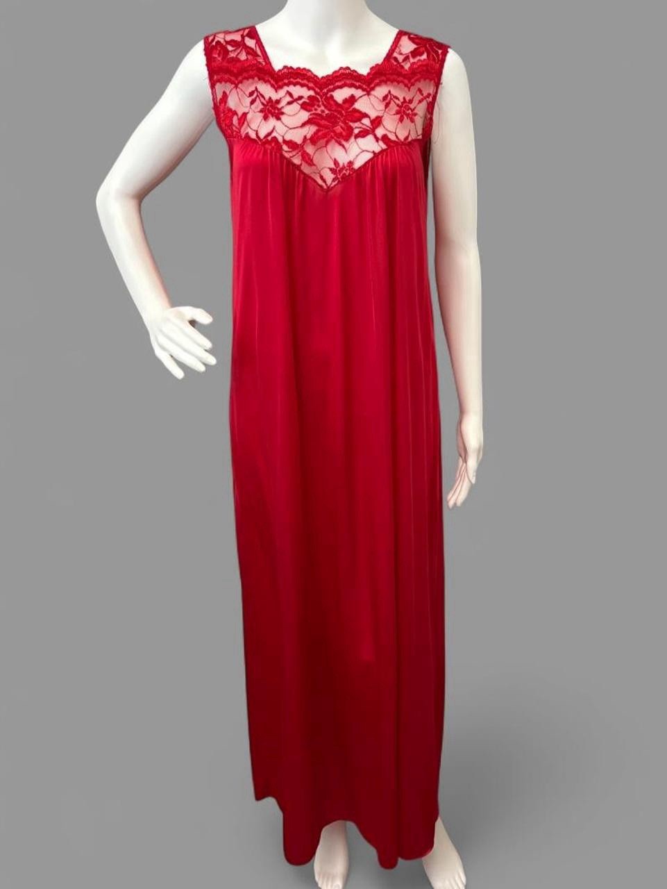 Vintage Night Gown Samye Red Lace Maxi Slip Dress with Floral Lace Trim