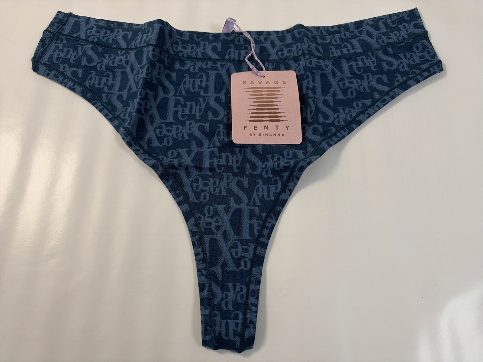 SAVAGE X FENTY Cotton Essentials Thong Opal Blue Signature Script Size XL