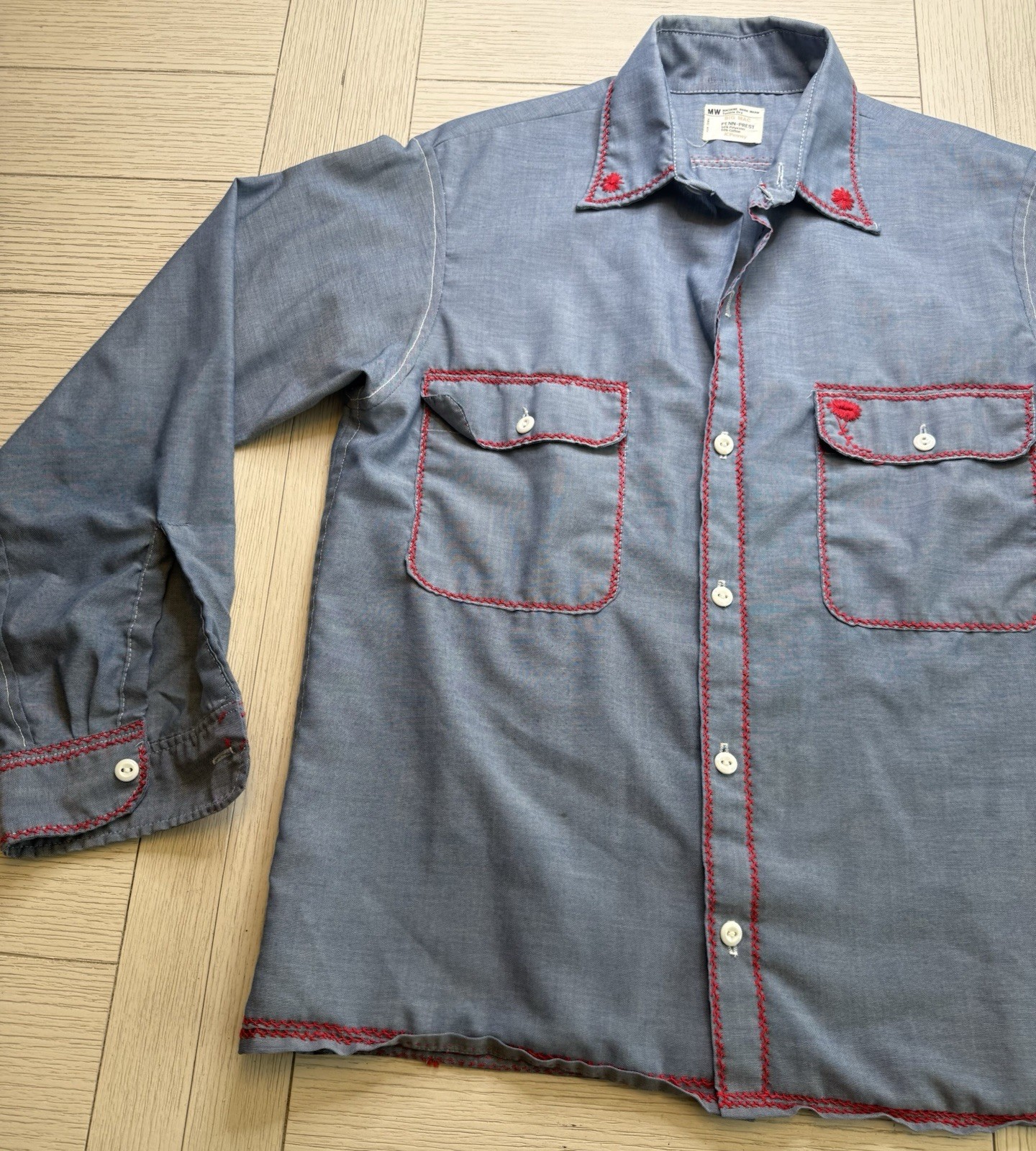 Vtg 60s Penney’s Big Mac Chambray Red Chain Stitched Flower Embroidered Shirt M