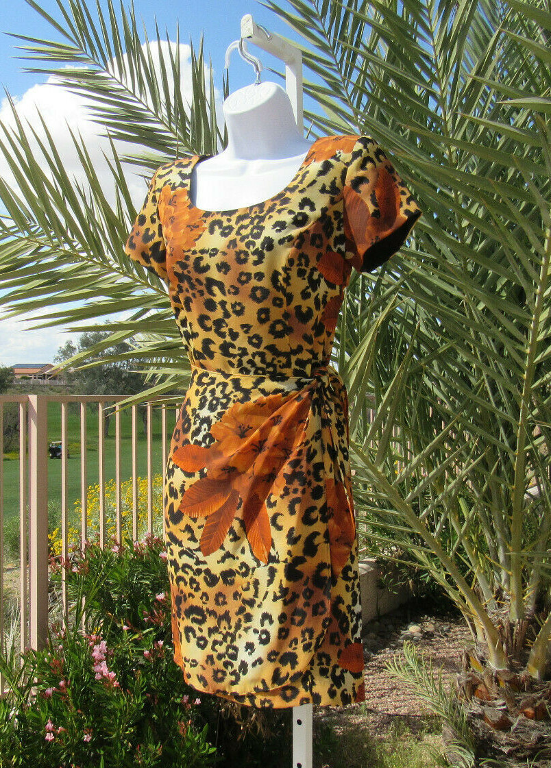 VTG 1980s JESSICA HOWARD SIZE 4 LEOPARD PRINT DRESS WITH OVERLAP POLYESTER