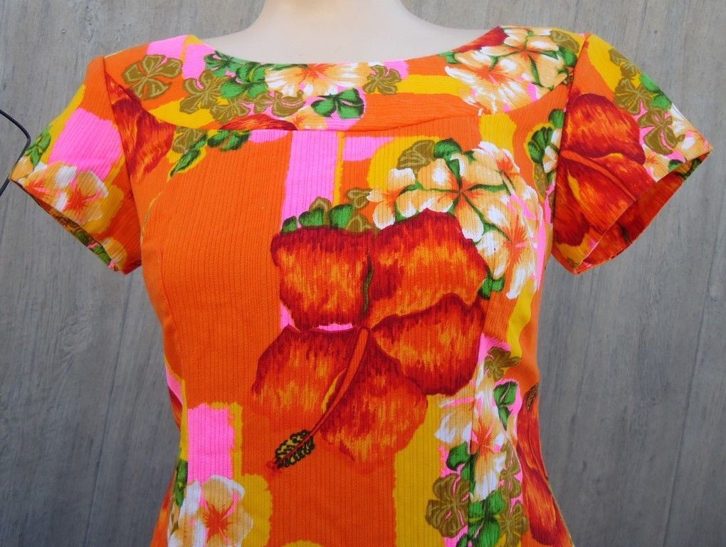 LN VTG 60s Orange Pink Yellow Floral Hawaiian Cotton Dress Penneys Beach Dress