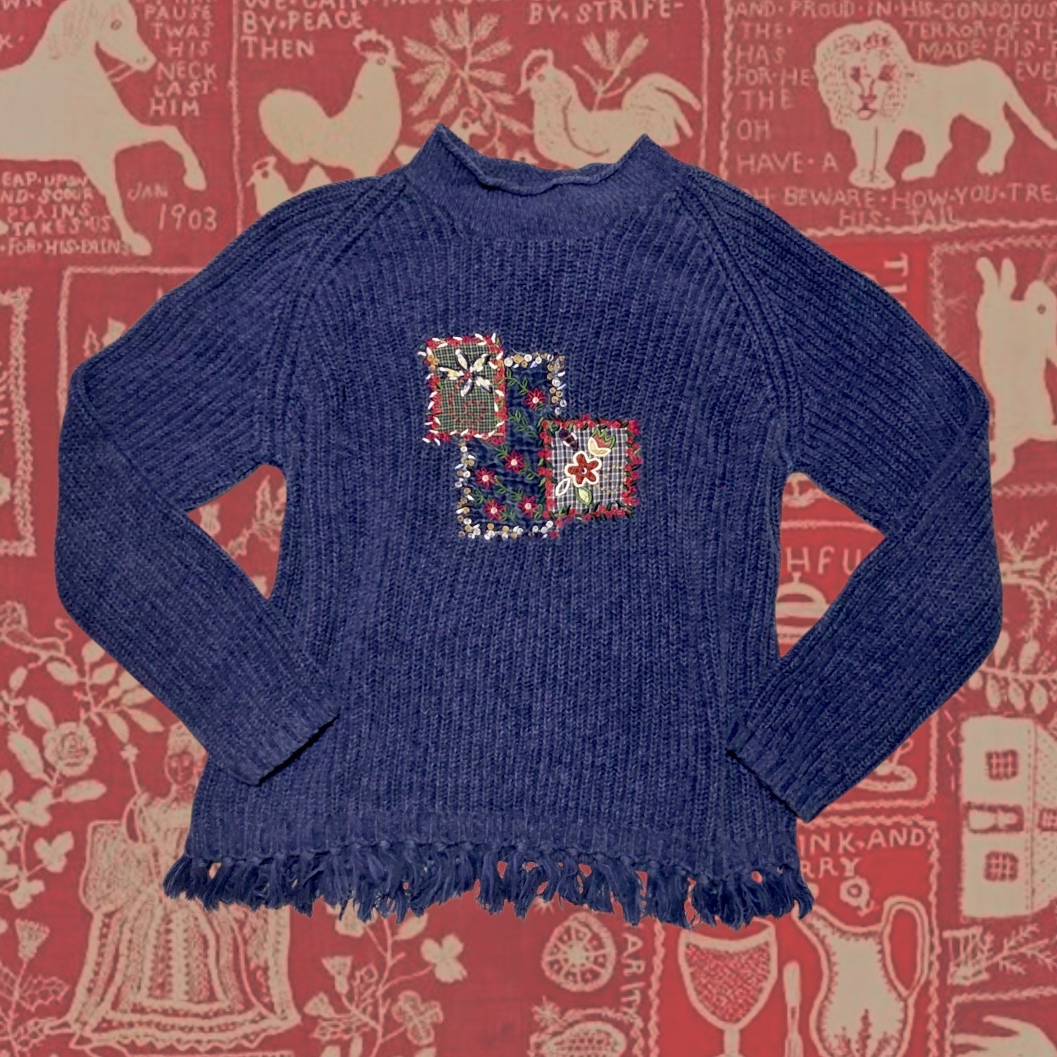 Vintage Koret City Blues Sweater Blue Patchwork Ribbed Mock Neck Fringe Hem S