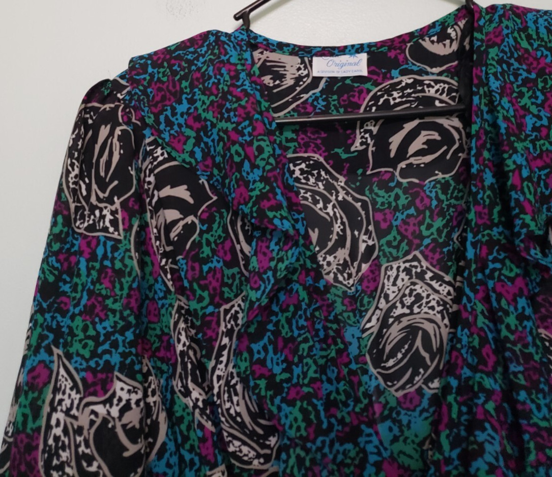 VTG Lorac Original Lady Carol Womens Midi Dress Floral Semi Sheer Ruffle V Neck