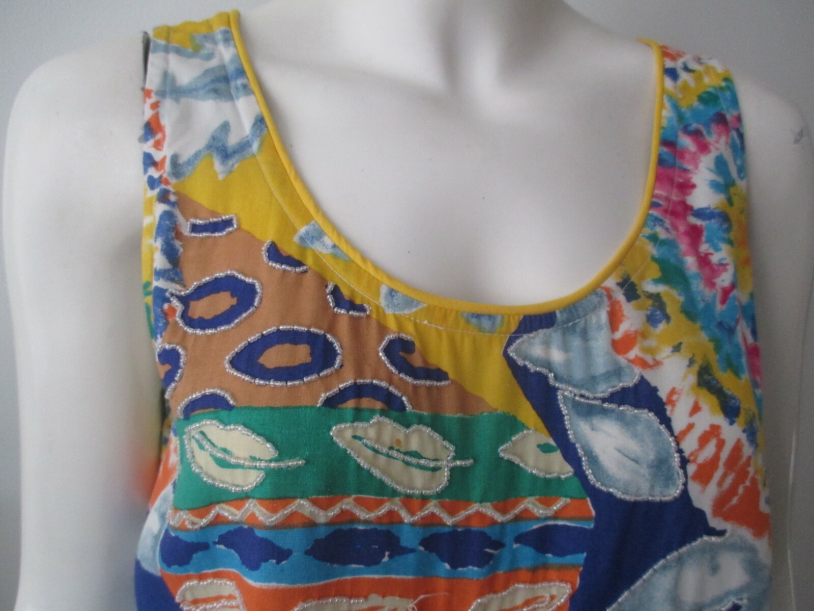 Vintage 80s-90s Faith Multi Color Mix Print Bead Sleeveless Rayon Tank Top M
