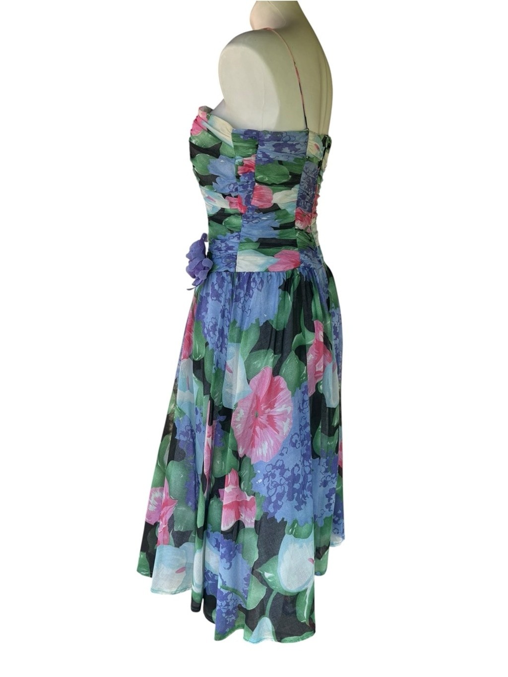 Vintage 80s Floral Chiffon Dress Open Back Fit Flare Party Prom 6 Small