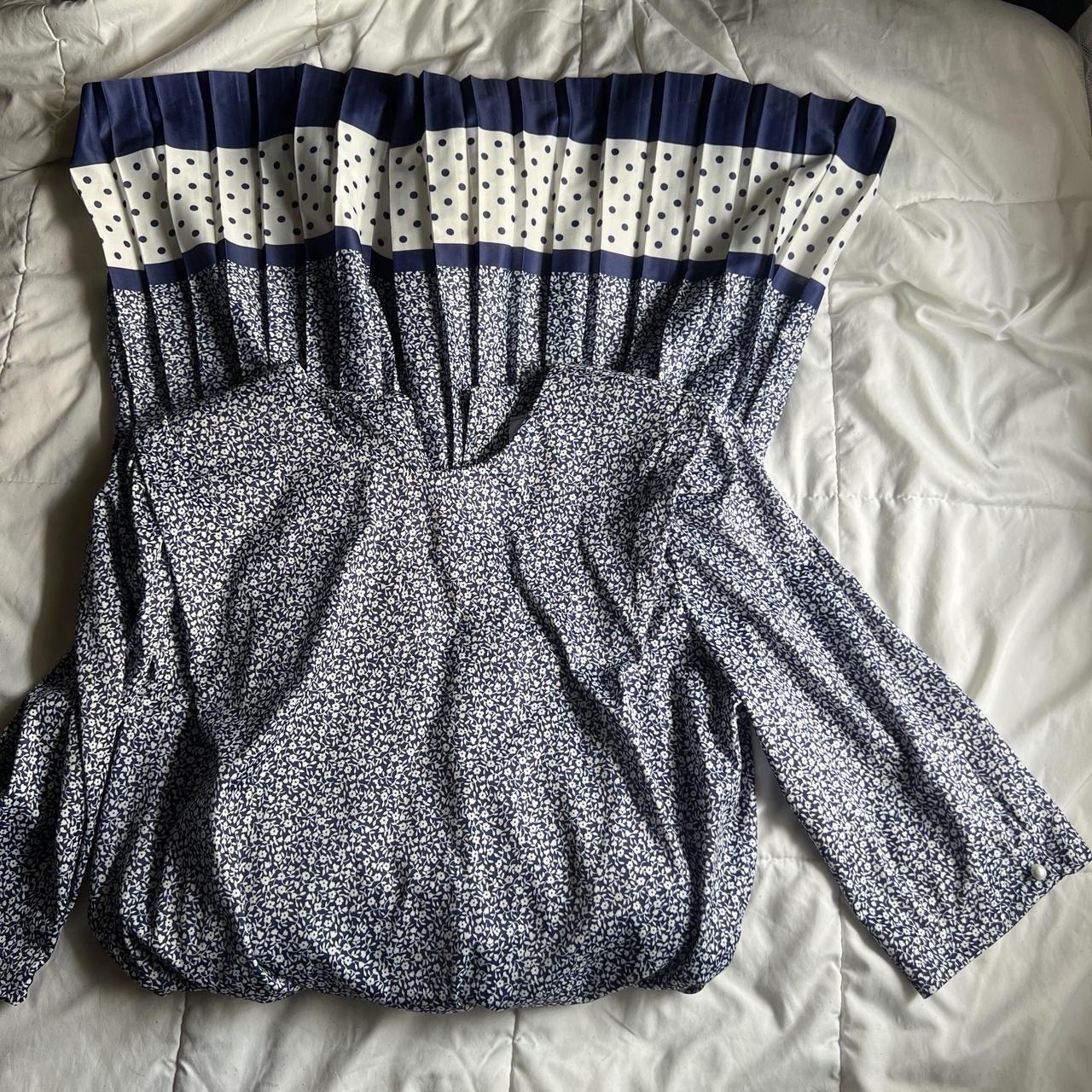 Vintage Pleated Dress Navy White Floral Polka Dot Long Sleeve