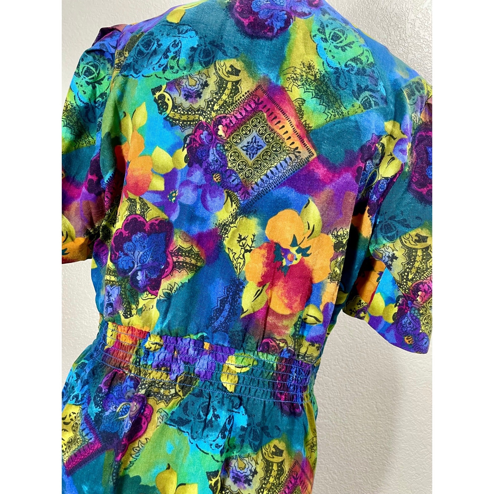Vintage 80s Via Sant Andrea Dress Vibrant Multicolor Floral Geometric Size 12