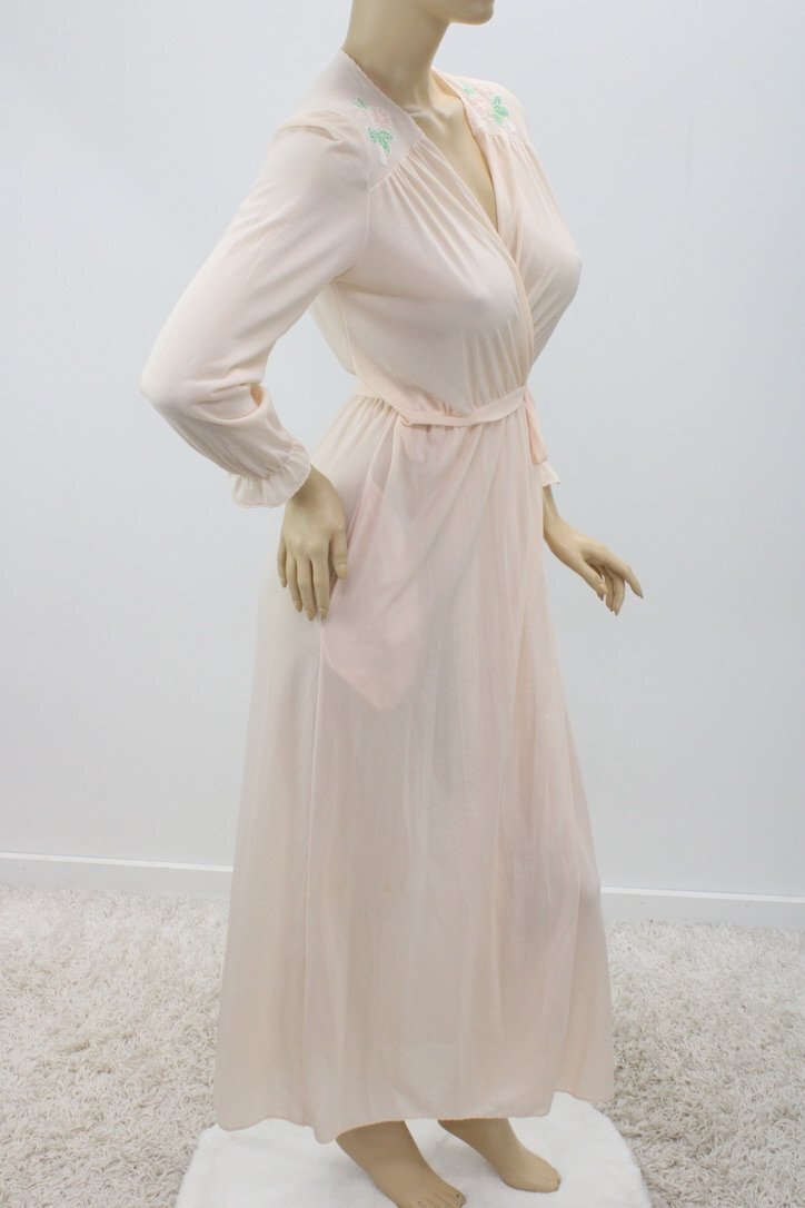 Jolie Two Long Peignoir Robe Small Nylon Peach Wrap Around Robe USA VTG