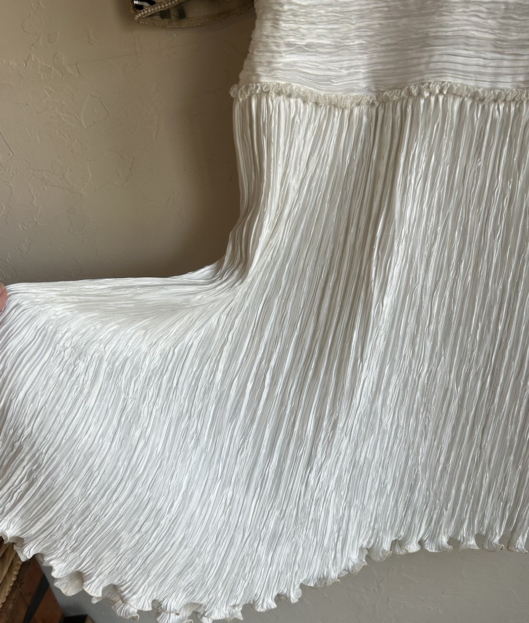 Vintage 80s Mary McFadden Couture Pleated Plisse Goddess Dress 14 Beaded Sleeves