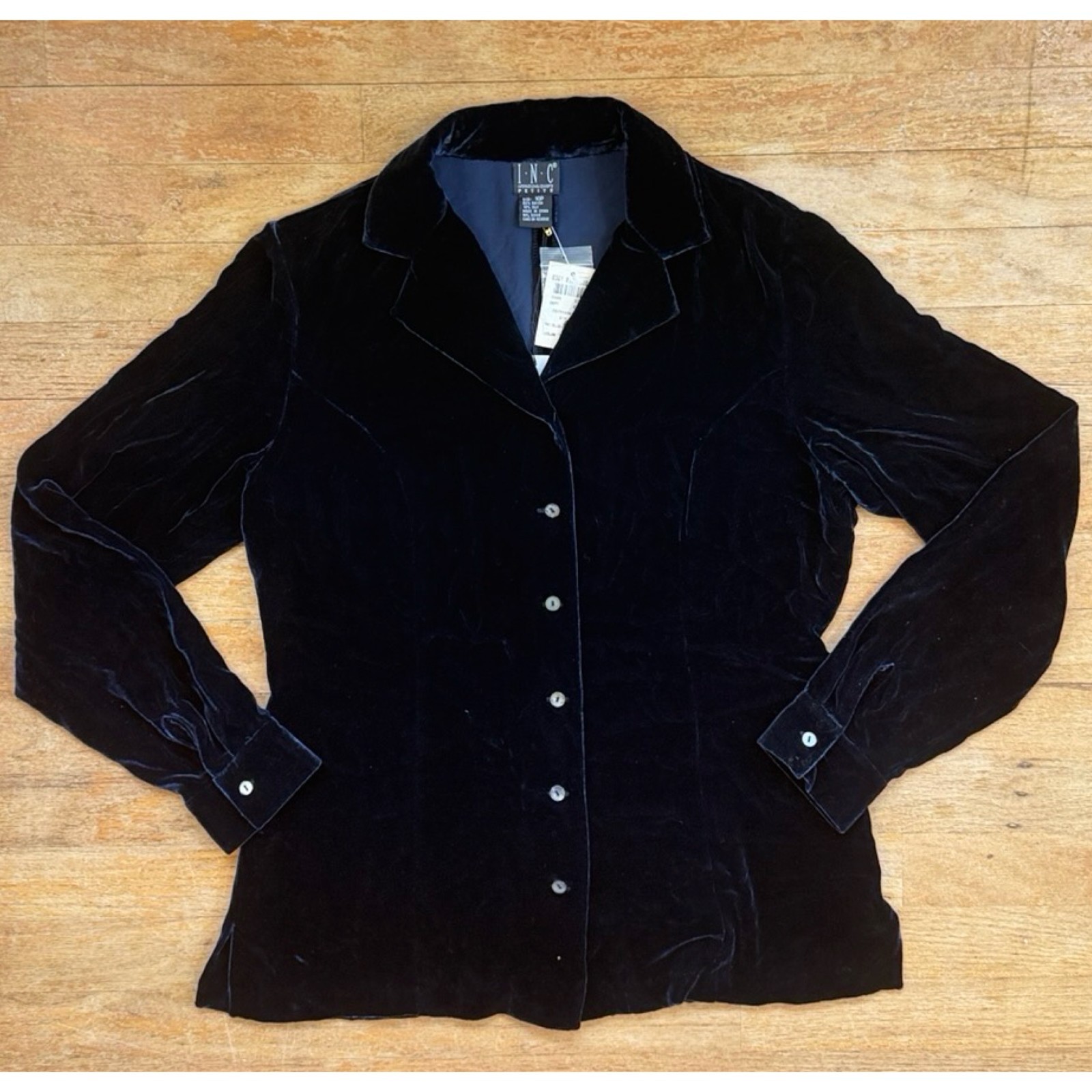 Vintage Midnight Blue Crushed Velvet Blouse Size Medium 10 Petite 90s Shirt Top