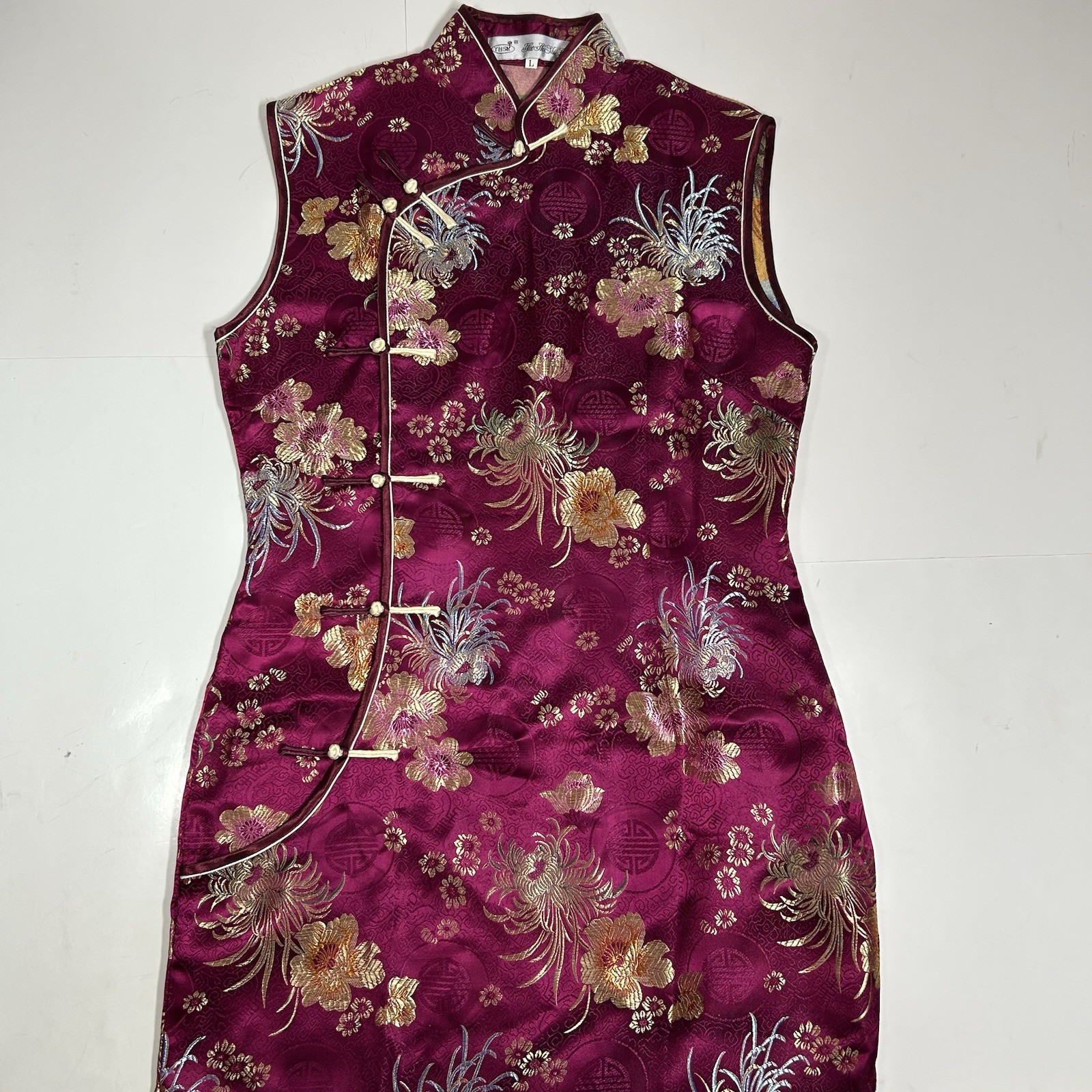 Vtg YHSK Yue He Shi Lu Women Chinese Mandarin Collar Dress Floral Fuchsia Sz L