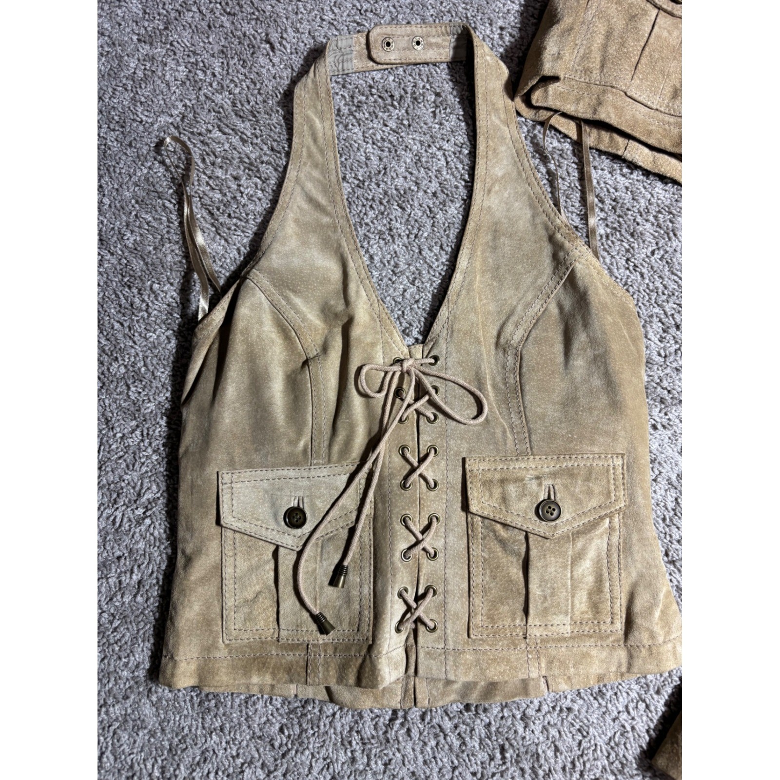 Wilsons Leather Maxima 3pc Suede Set Jacket Halter Vest Skirt Tan Tan S/4 Y2K