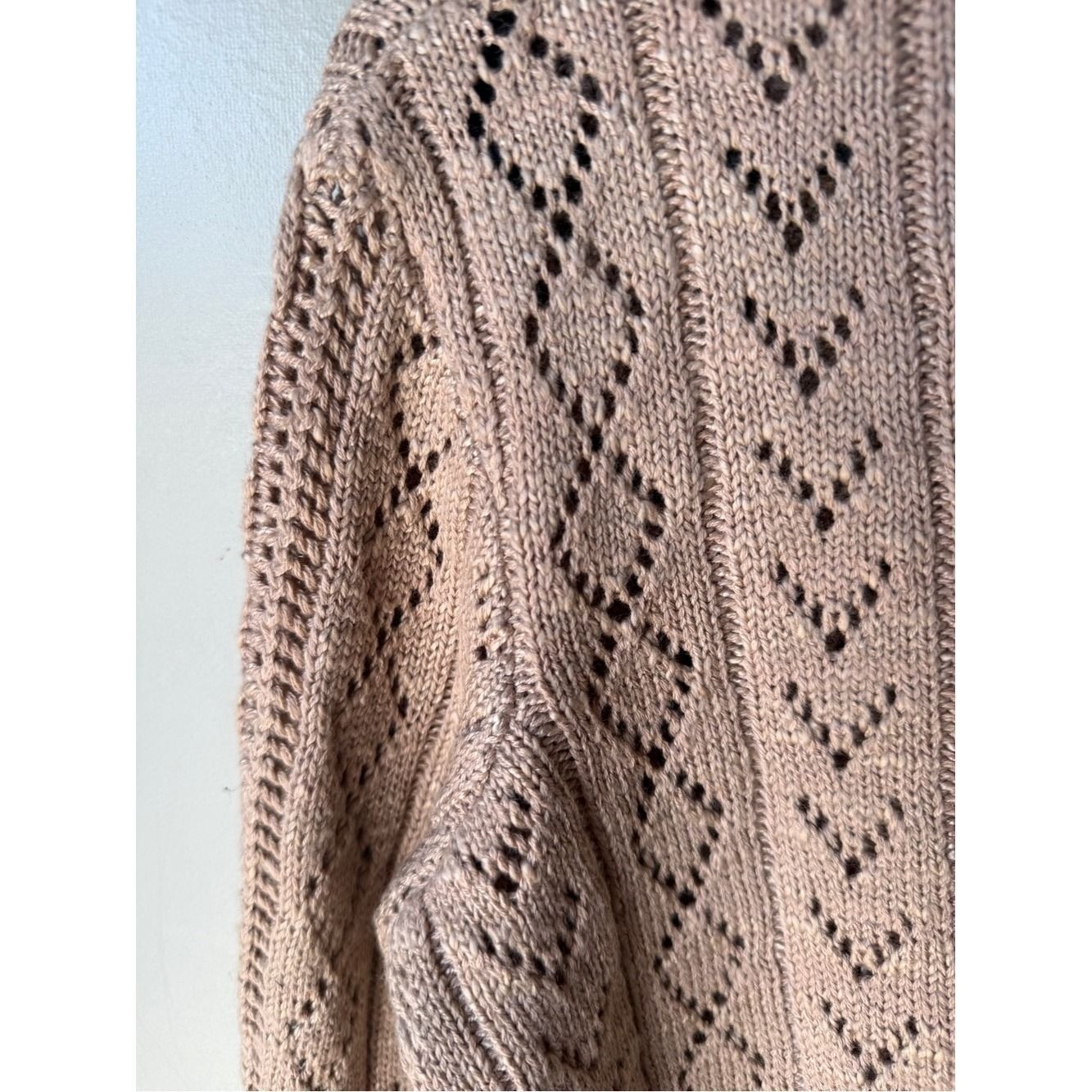 Boho Coquette Women’s Medium Pointelle Knit Lace-Up Sweater Blush Pink