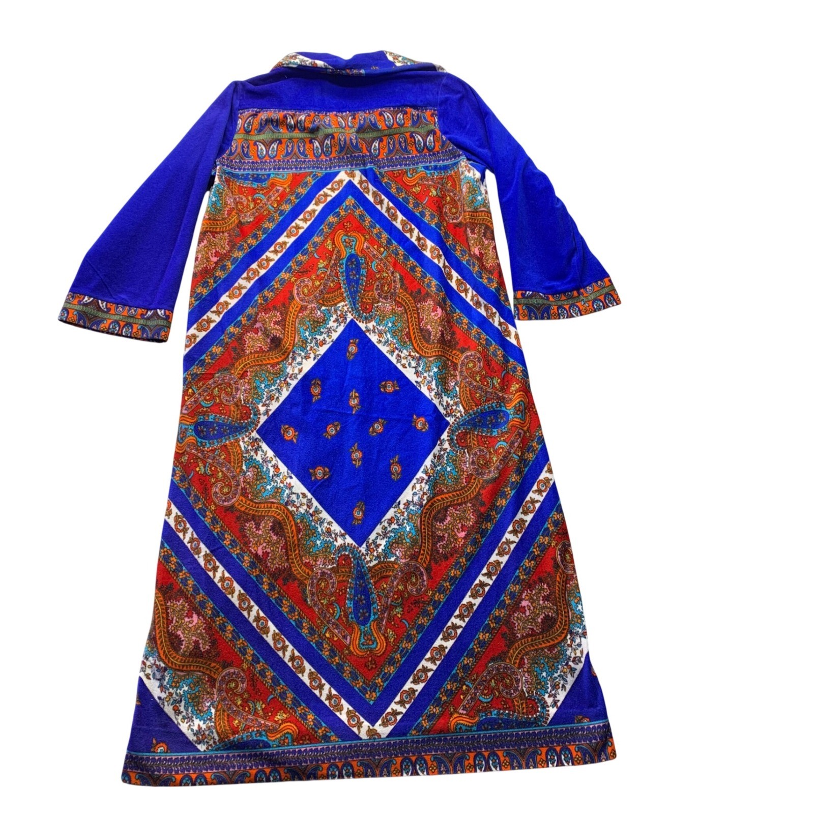Vtg Plaza 9 Blue Psychedelic Paisley Geometric Velour Robe House Dress 70s Sm/Md
