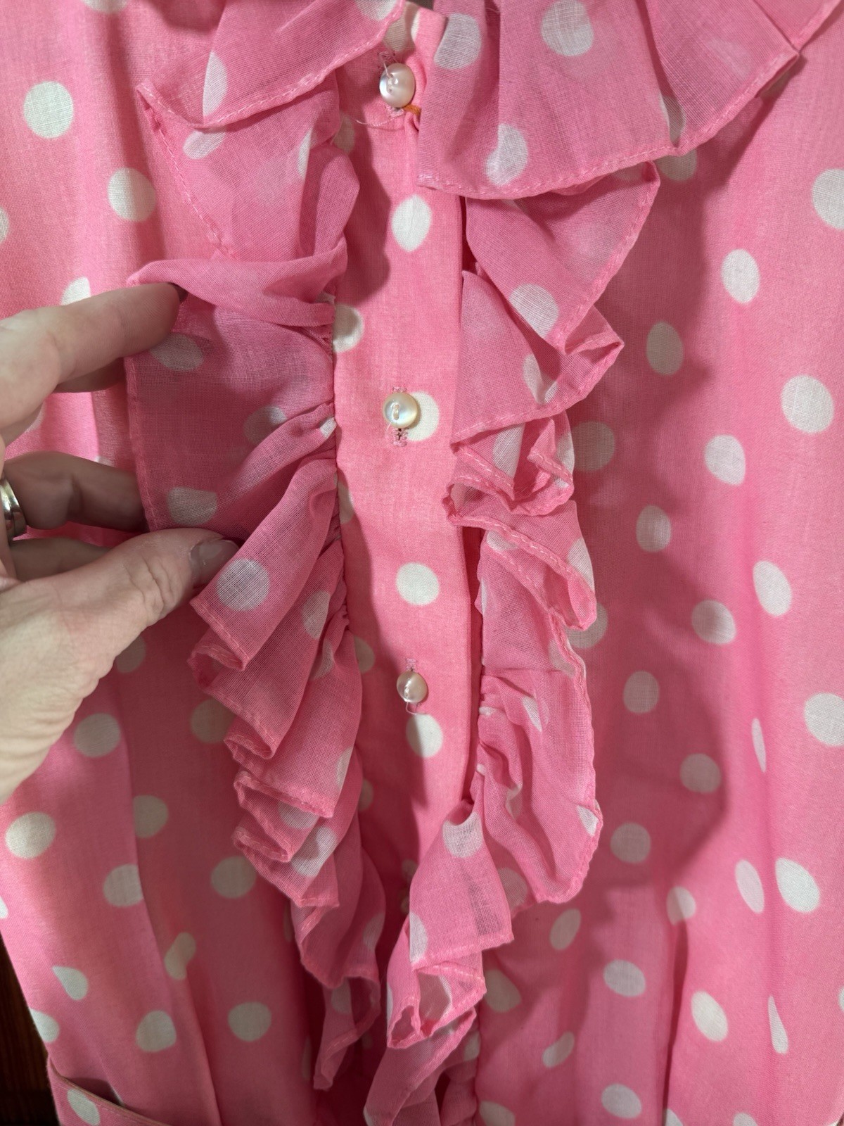 Vtg Secretary Ruffle Dress Gallant of California Pink Polka Dot Belted NWT Sz 16