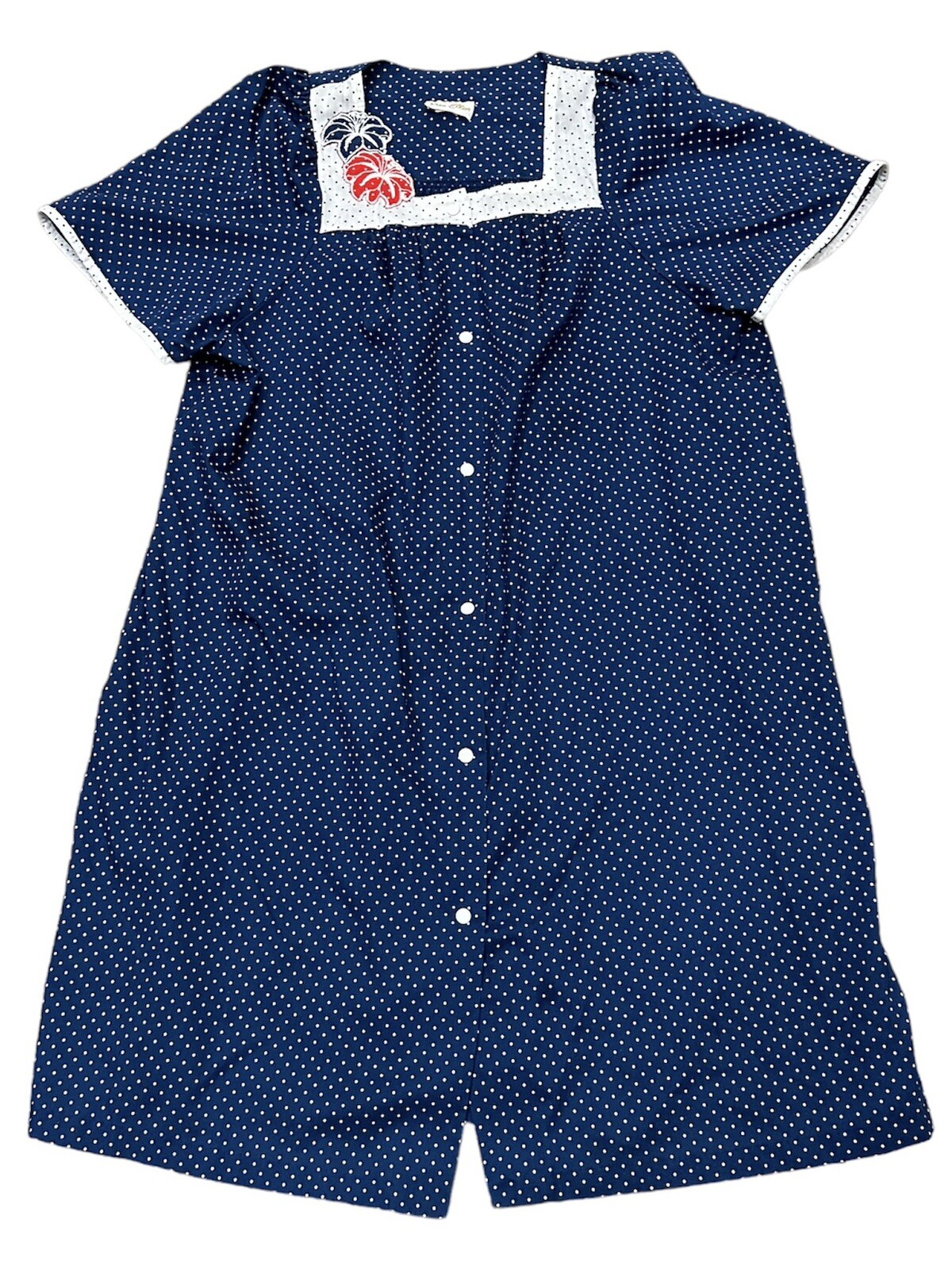 Vtg Dan Ellen Robe House Coat 42, XL Blue Polka Dot Pearl Snap Short Sleeve USA