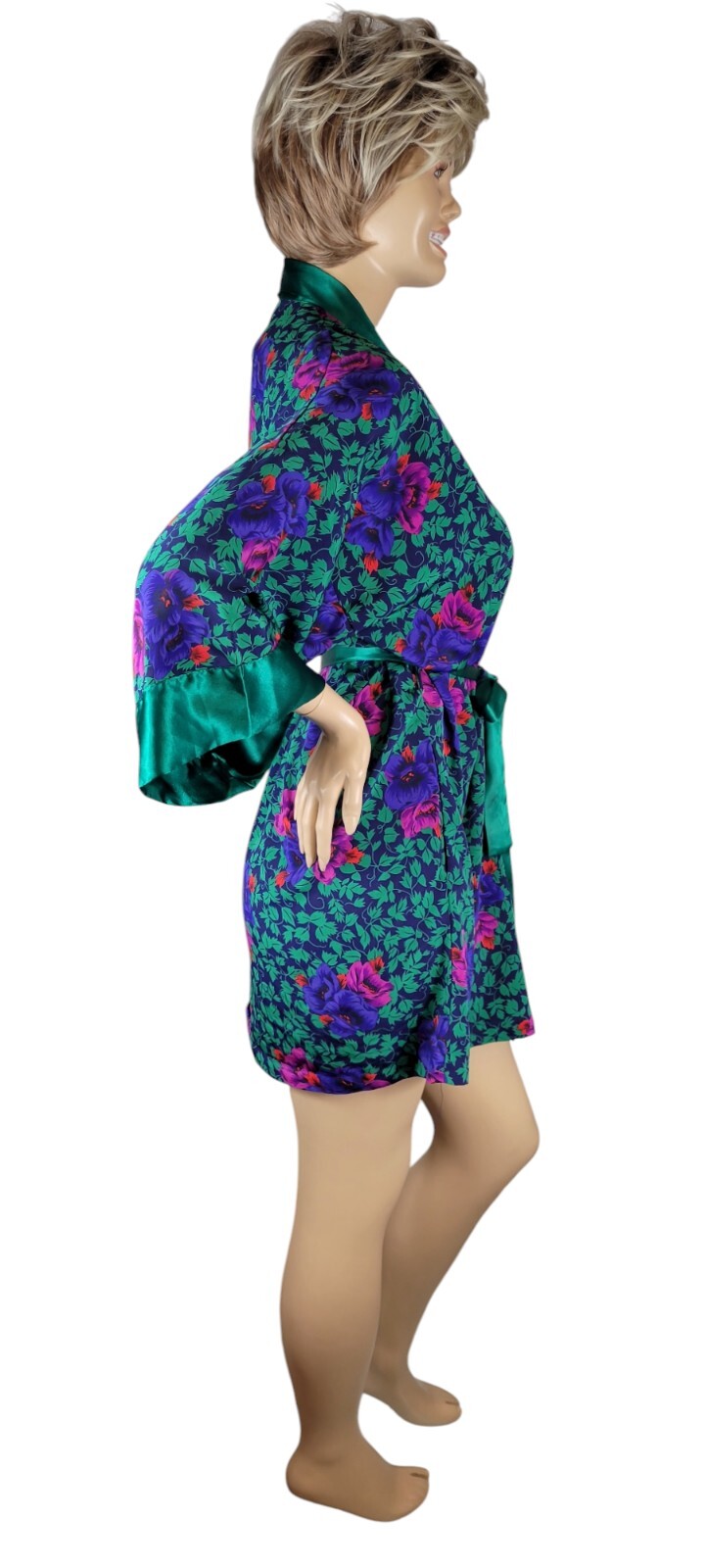 Vtg Victoria’s Secret Gold Label Poly Satin Green Purple Pink Red Floral Robe OS