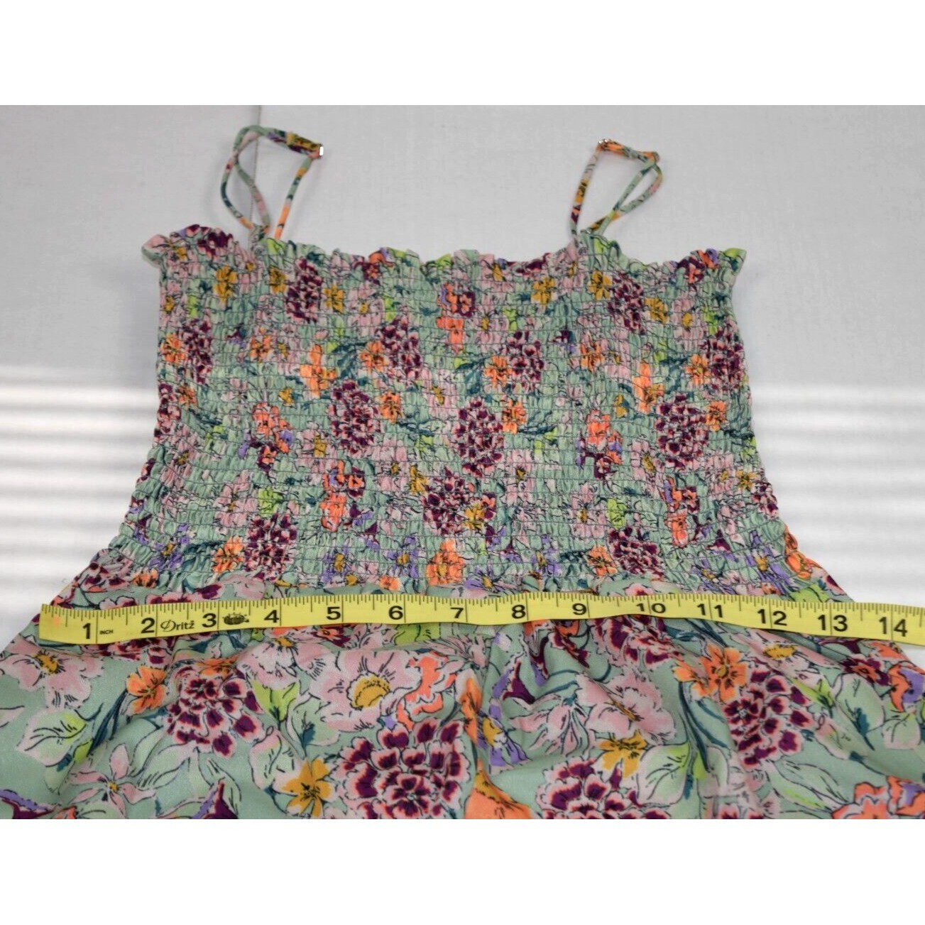 Vintage Jumpsuit Pale Green Size S/M 90s Ruched Bodice Pink Spring Flowers Sheen