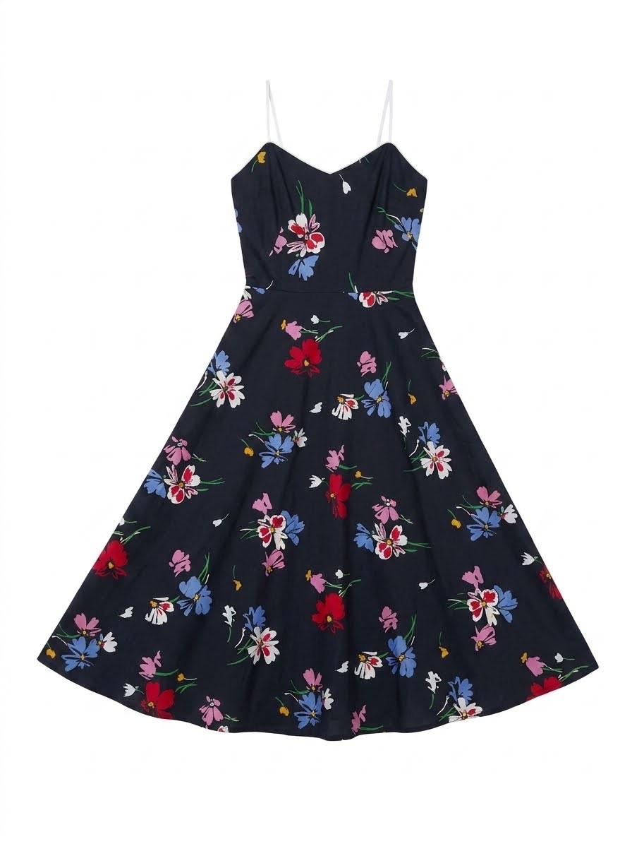 Vintage 60s Vincenti Black Floral Cotton Swing Dress Spaghetti Straps Size 4