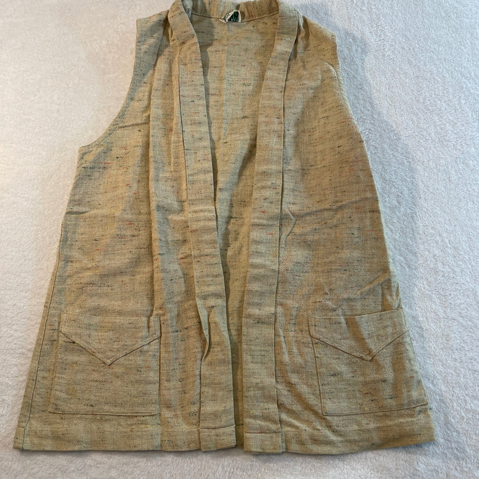 Vintage Jack Tar Togs Tan Multi Color Fleck Open Front Vest Sleeveless Pockets