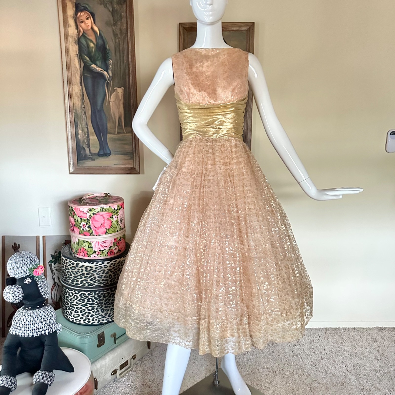 Vintage 1950s Gold Champagne Tulle Cupcake Prom Queen Dress VLV Wedding Gown XS