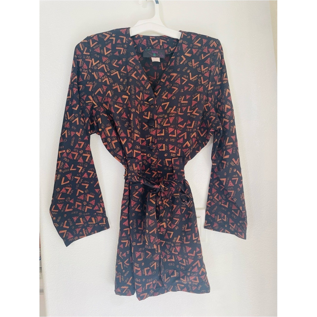 Vintage Luly K Geometric Print Tie Waist Dress Long Sleeve Button Front Size L