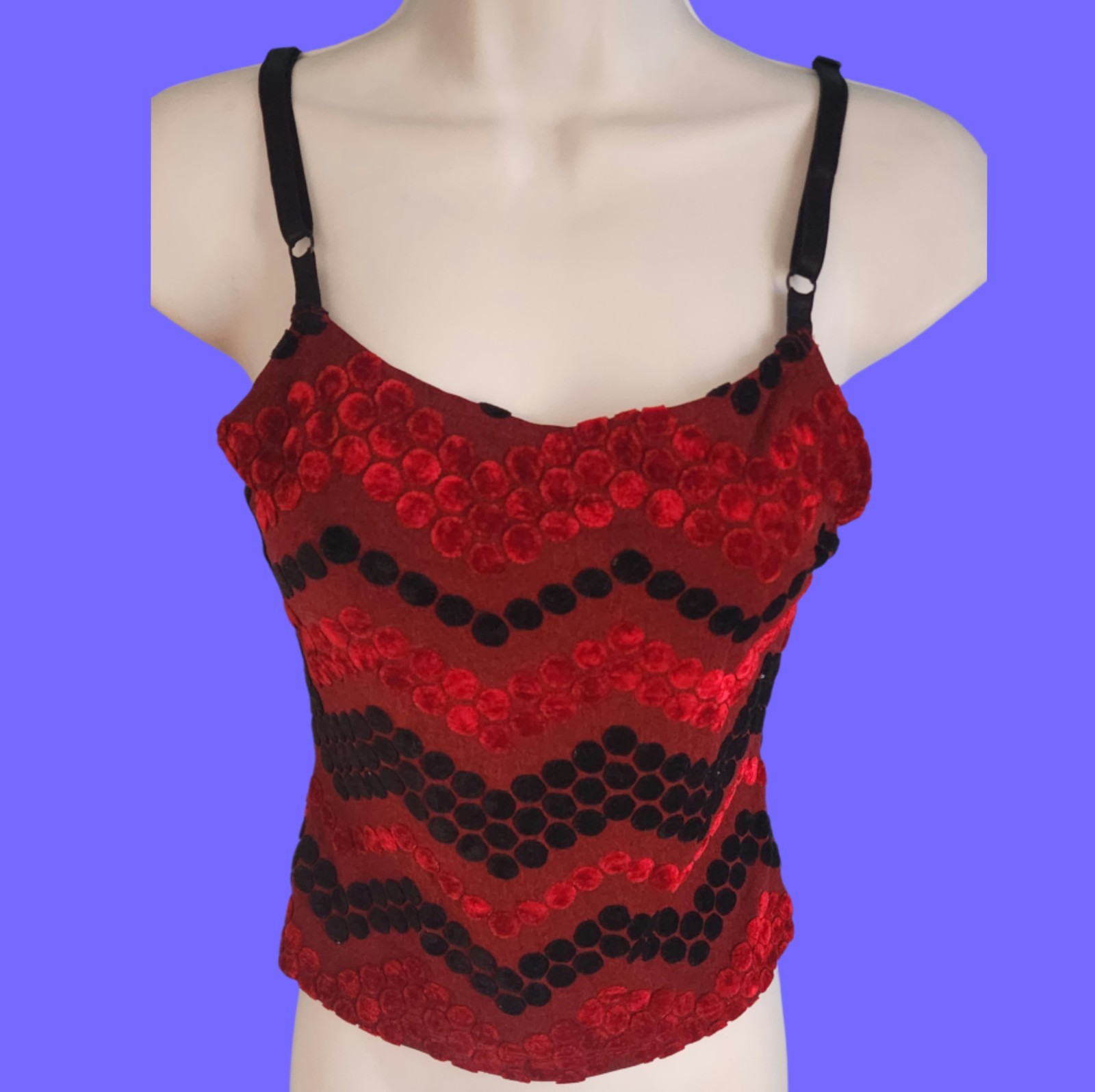 VINTAGE 90’s SHE’S Red Mesh Velvet PolkaDot Tank Top NWT