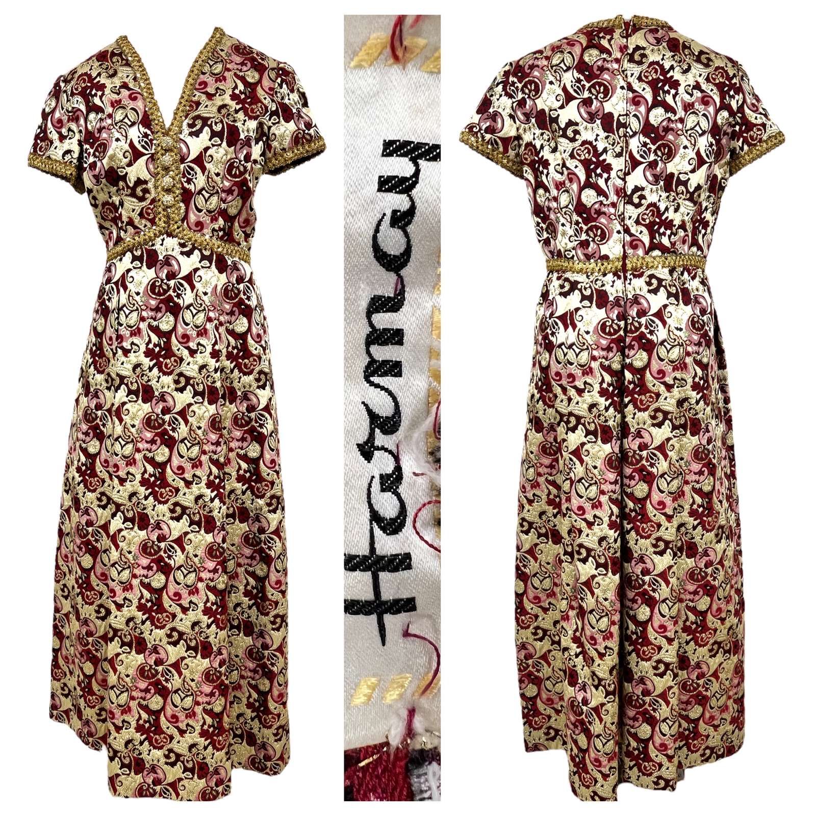 Vtg Vitage 1960s 60s Designer Harmay Burgundy and Gold Brocade Formal Gown